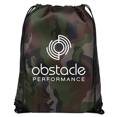 Polyester camo drawstring bag with reinforced corners.