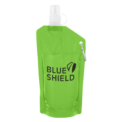 Green drink pouch with custom logo.