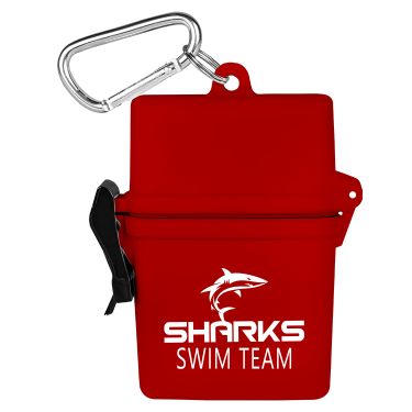 Red plastic first aid kit with a branded logo.