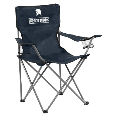 Navy polyester chair with a custom logo.