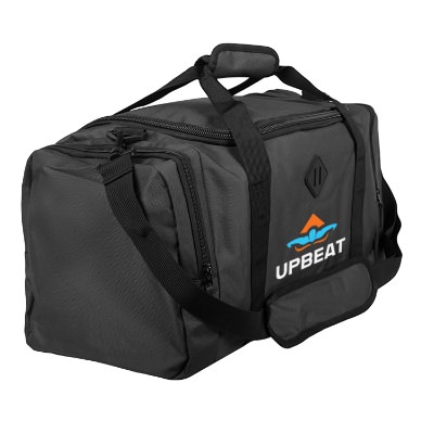 Gray repreve duffel bag with custom full-color imprint.