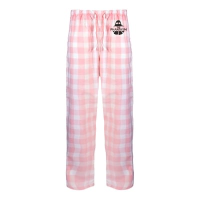 Custom one color logo on light pink with white buffalo check flannel pant.