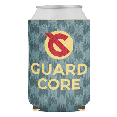 Checkered can cooler with custom full color imprint.