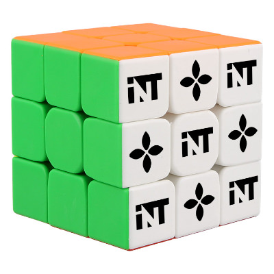 Mulitcolored plastic puzzle cube with a branded logo.