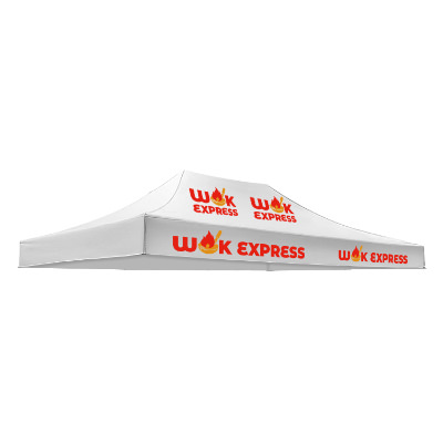 White 15-ft. tent canopy with custom imprint in 4 locations.