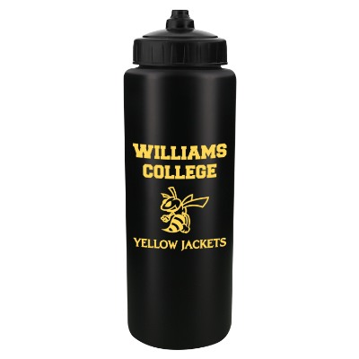 Plastic black sports bottle with valve lid and custom branding in 32 oz.