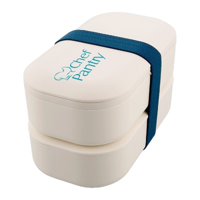 Natural colored plastic and wood and silicone bento box with one color imprint.
