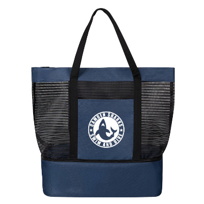 Blue polyester cooler with a customized logo.