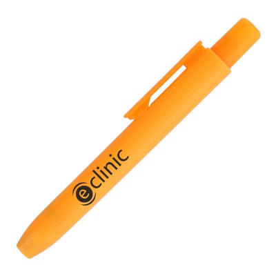 Orange plastic highlighter with a custom imprint.
