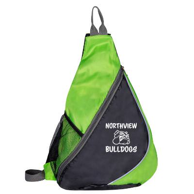 Lime green sling backpack with custom logo.