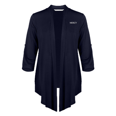 Custom navy blue cardigan with embroidered logo.