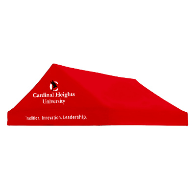 Red 10-ft. gable tent canopy with custom imprint.