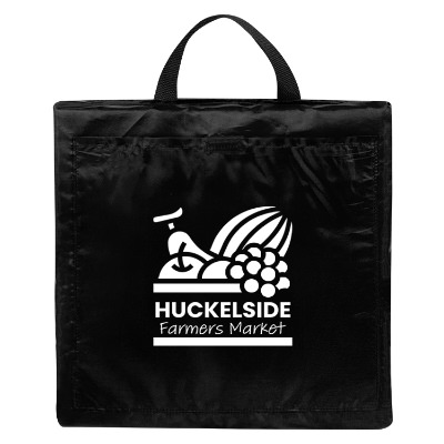 Black polyester seat cushion with a personalized imprint.