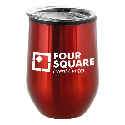 Stemless red wine glass with custom logo.