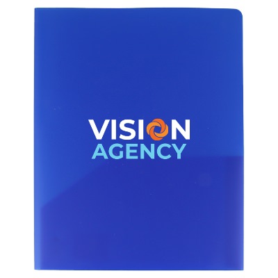 Blue vinyl folder with a branded logo.