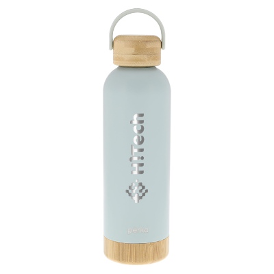 Stainless light blue water bottle with custom engraved logo.