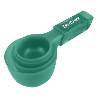 Translucent aqua measure up cups with personalized logo.