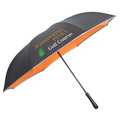 Black with orange reflective edge inversion umbrella with unique full color logo.