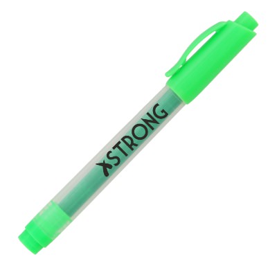 Green plastic marker with a customized logo.