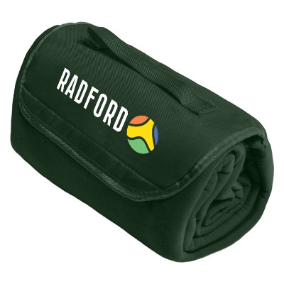 Red sweatshirt blanket that can fold within itself with attached handle with full color logo.