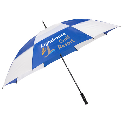 Blue with white shed rain fairway vented windproof golf umbrella with custom full color logo.