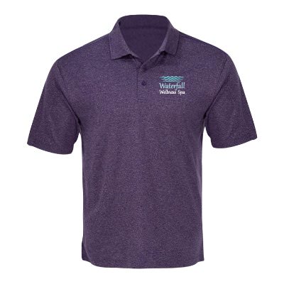 College purple heather polo with full color imprint.