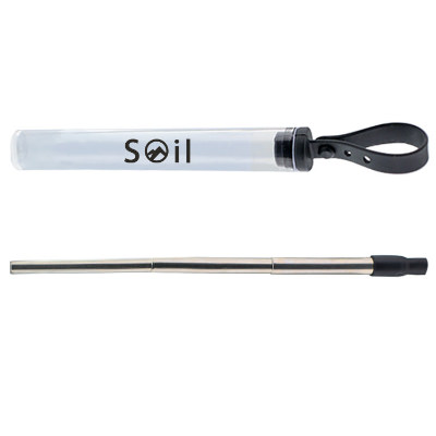 Black telescopic stainless steel straw with custom logo.