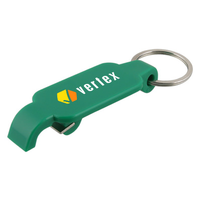 Plastic green slim keychain bottle opener with full color imprint.