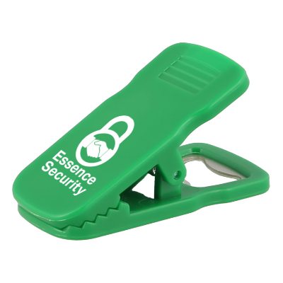 Plastic black clip with aluminum bottle opener with custom promotional imprint.