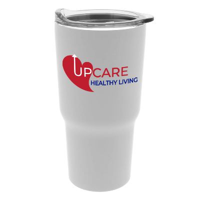 White tumbler with custom full color imprint.