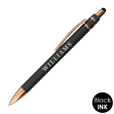 Gunmetal aluminum pen with a branded imprint.