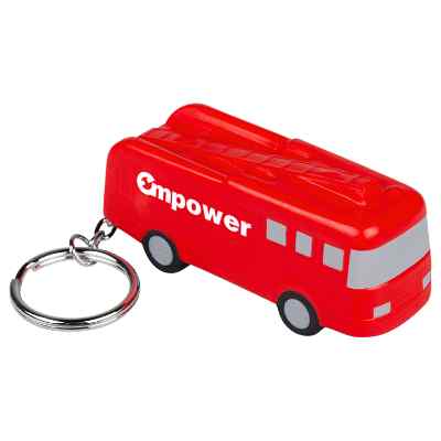 Fire truck stress ball keychain with a personalized logo.