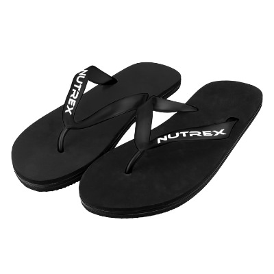 Rubber black flip flops with custom logo.