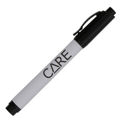 Black plastic marker with a personalized logo.