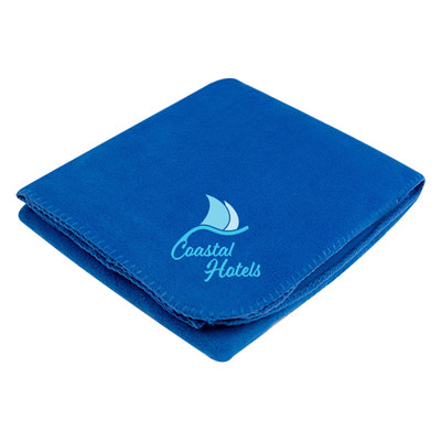 Full color logo on gray plush fleece blanket.
