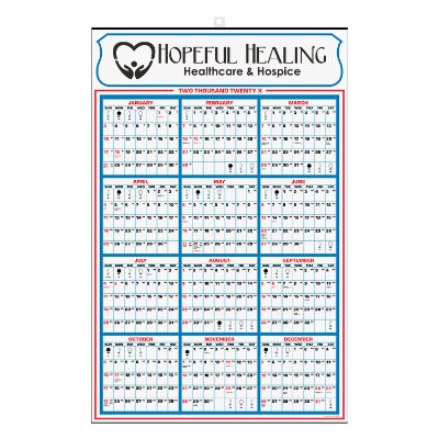 Twenty-two-in. by thirty-four-in. year at a glance one color custom imprint.