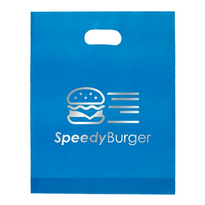 Plastic blue foil stamped die cut bag with logo.