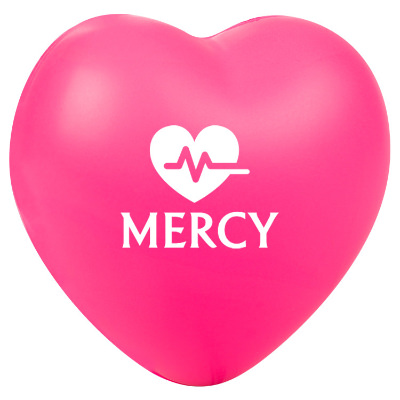 Foam pink heart stress ball with a custom imprinted logo.