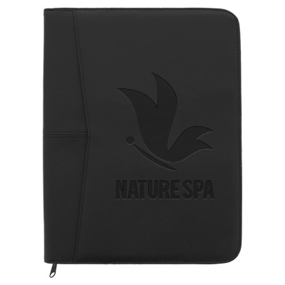 Black arrow zippered padfolio with custom debossed imprint.