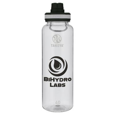 Clear plastic bottle with custom logo.