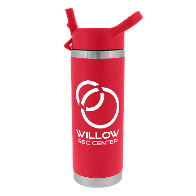 Red water bottle with custom logo in 18 oz.