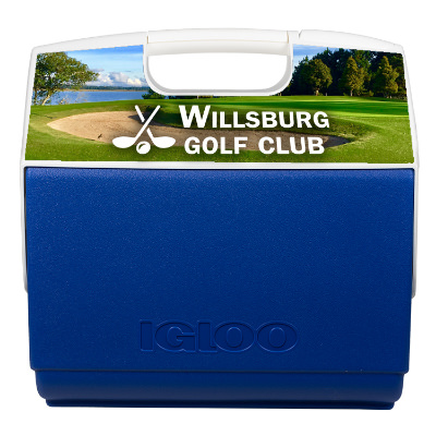 Blue polypropylene cooler with a custom logo.