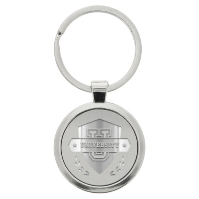 Metal silver circular keychain with laser engraved promotional logo.