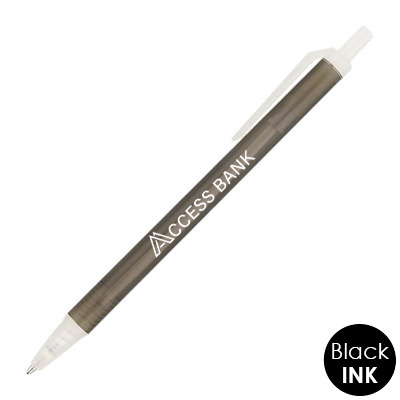 Translucent colorful pen with branded imprint.