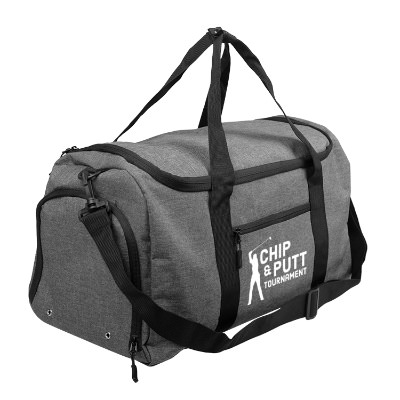 Heather gray gym bag with black straps and custom white imprint.