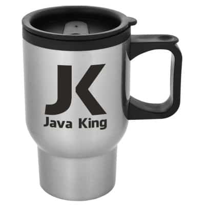 Stainless steel silver tumbler with custom imprint in 16 ounces.