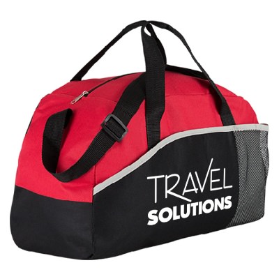 Polyester red professional duffel with branded imprint.