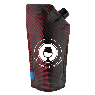 Burgundy drink pouch with custom logo.