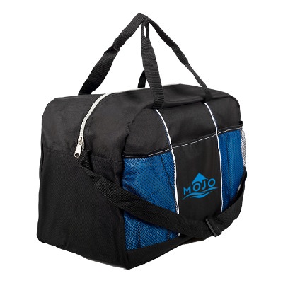Black gym bag with blue accents and personalized blue imprint.