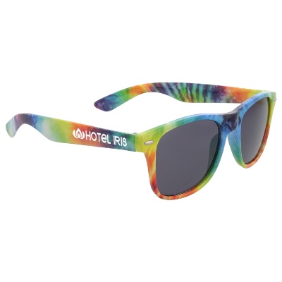 Tie-dye plastic sunglasses with promotional imprint.